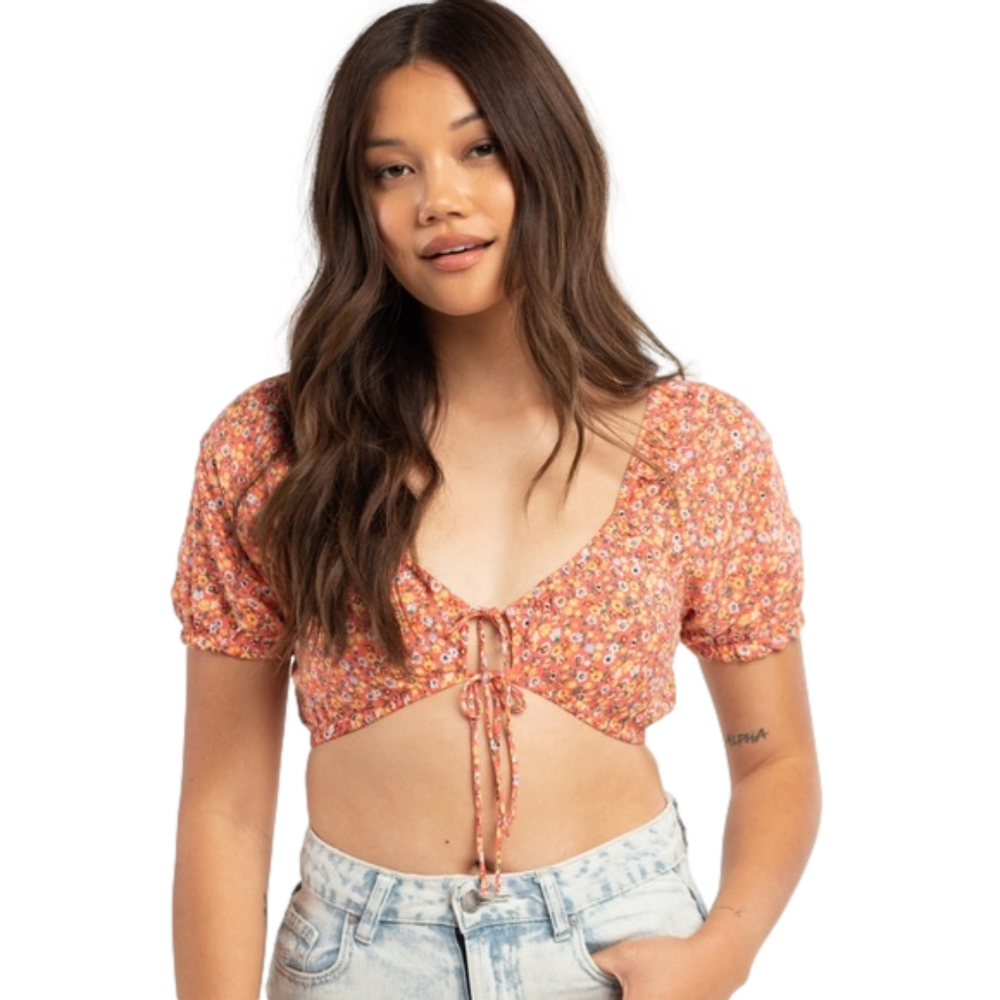 NWT RSQ Red Ditsy Floral Fawn Tie Super Crop Top